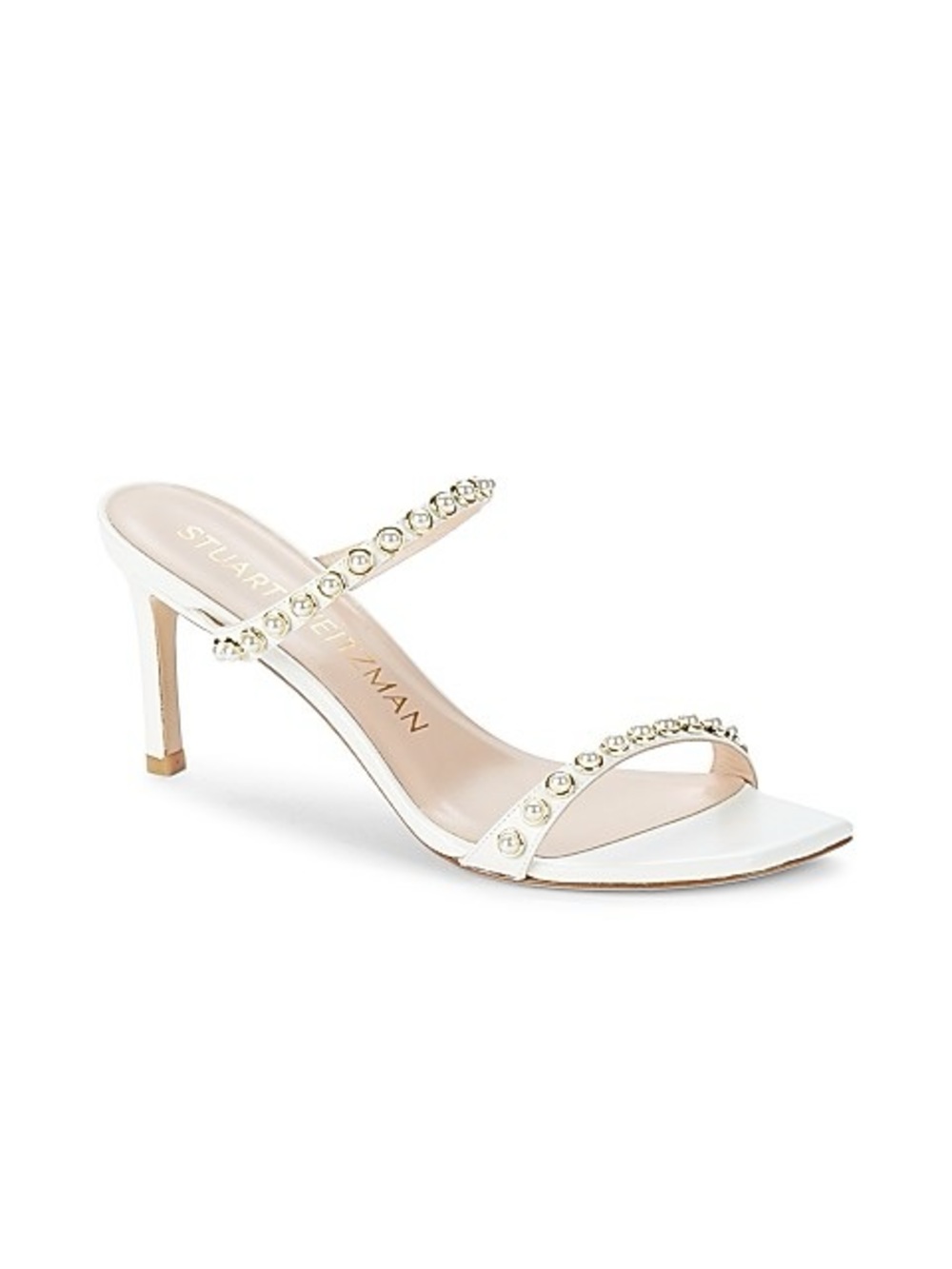 Stuart Weitzman Aleena Pearl Heeled Sandals in White/Gold - Size 9